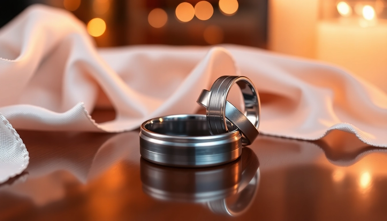 Tungsten wedding bands elegantly displayed on a polished table with rich textures.