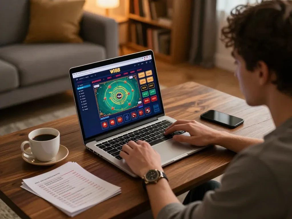 Player engages with W188 casino app on laptop while strategizing with notes and coffee.