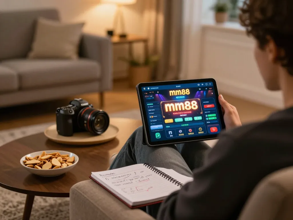 Engaging with the mm88 link casino app in a cozy home setting, showcasing strategic online gambling