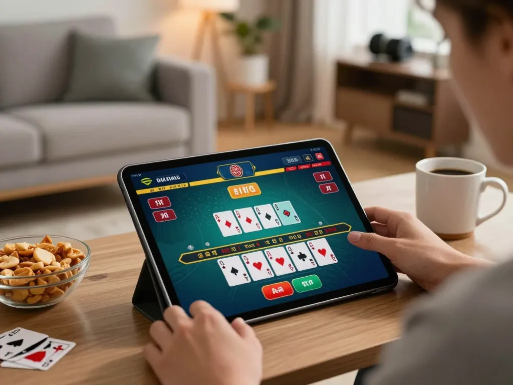Engaging online blackjack gameplay on a tablet reflecting ormastoto gaming strategies in a cozy setting.
