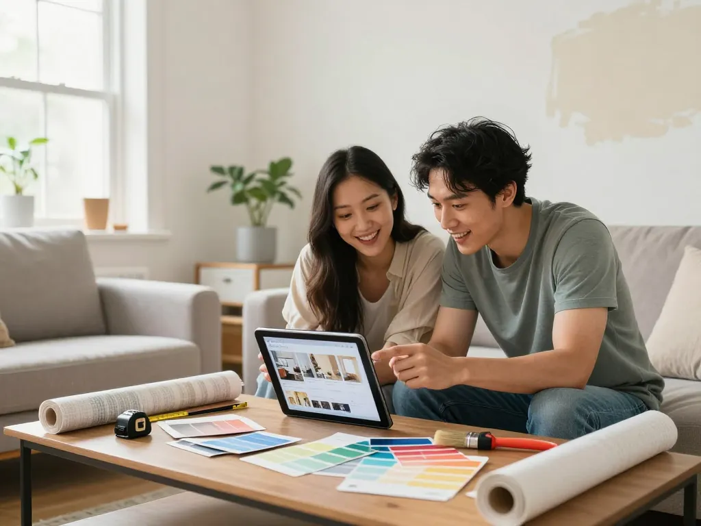 Home renovation project with couple discussing design ideas, showcasing a stylish living room.