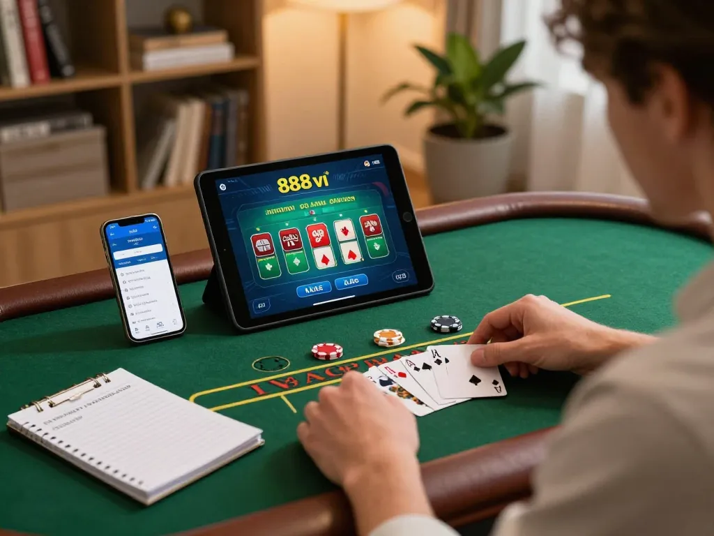 Experience strategic blackjack gameplay with 888vi in a cozy home setting.