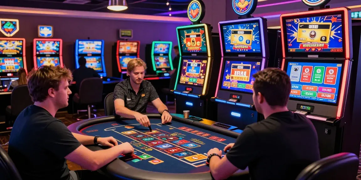 Exciting gaming scene at credit card casinos with players and digital interfaces.