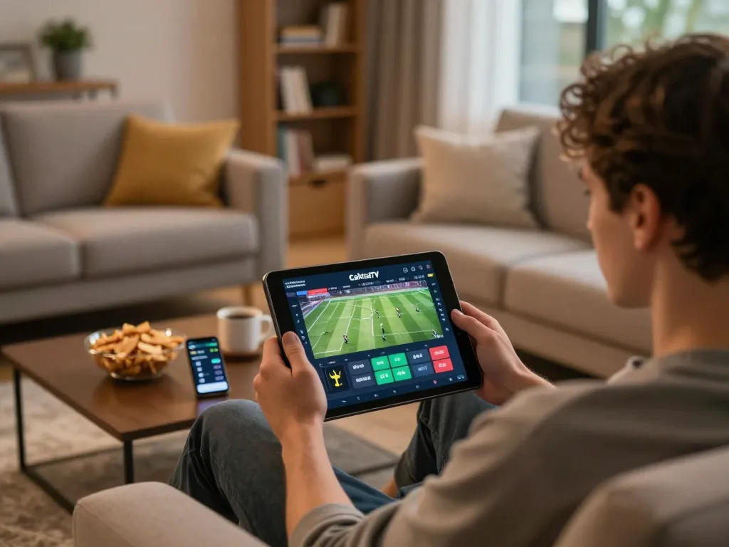 Cakhiatv user enjoying live sports streaming at home, showcasing a cozy gaming setup and strategic betting.