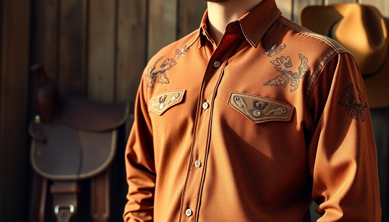 Stylish cowboy shirt Canada showcased with rustic elements and intricate embroidery details.
