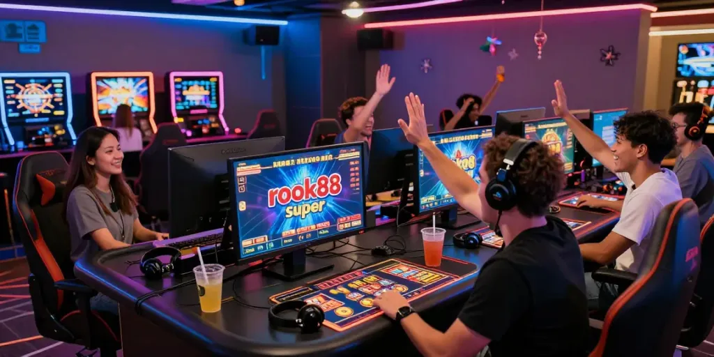 Friends enjoying rokok88 super gaming experience in a vibrant online casino.