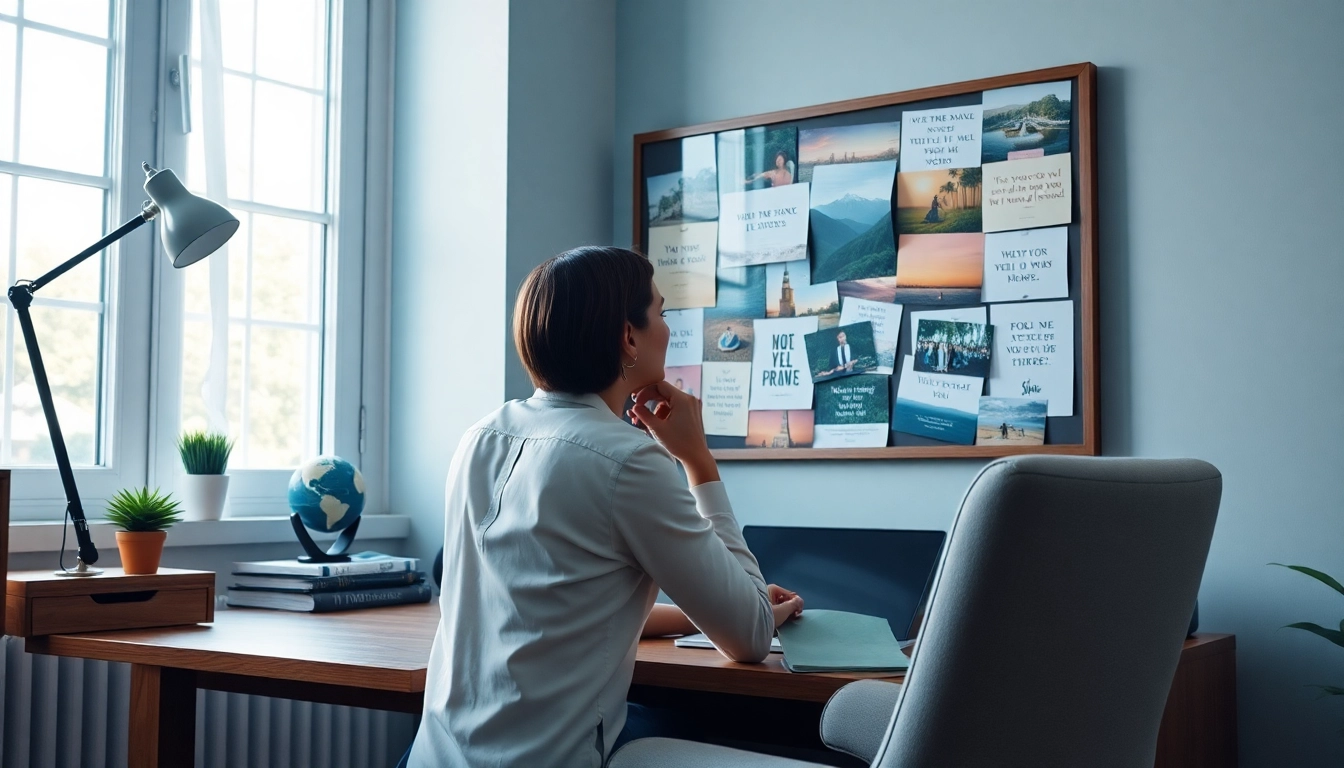 Find my true calling: individual contemplating their future with a vision board.