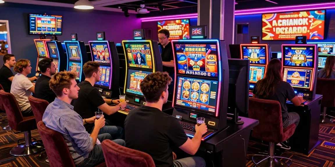 Excited British players enjoying non UK slots in a lively online casino setting.