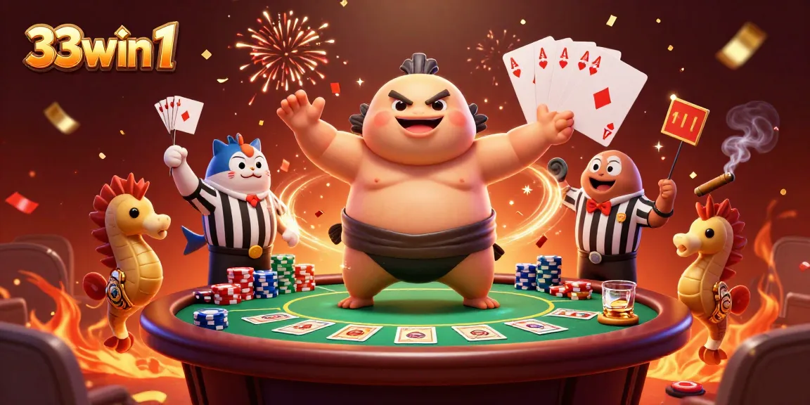 Engage in thrilling casino action at 33win 1 with a vibrant scene featuring a fugu, poker elements, and festive visuals.