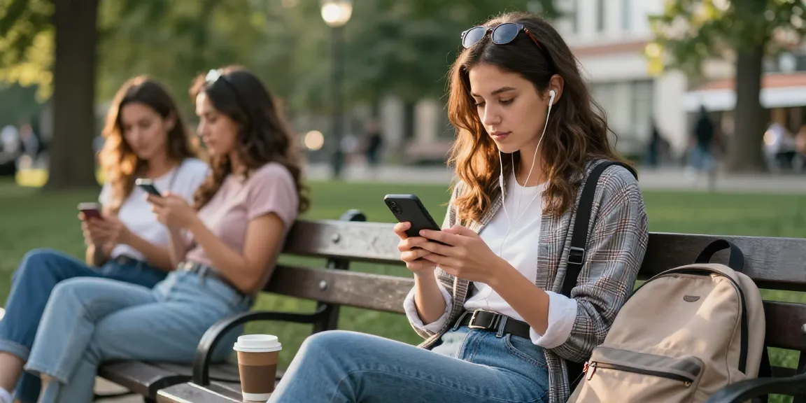 Kreativer Lebensstil mit einer Frau, die auf einer Parkbank sitzt, während sie ihre Instagram-Reels durchsucht und dabei Likes kauft.
