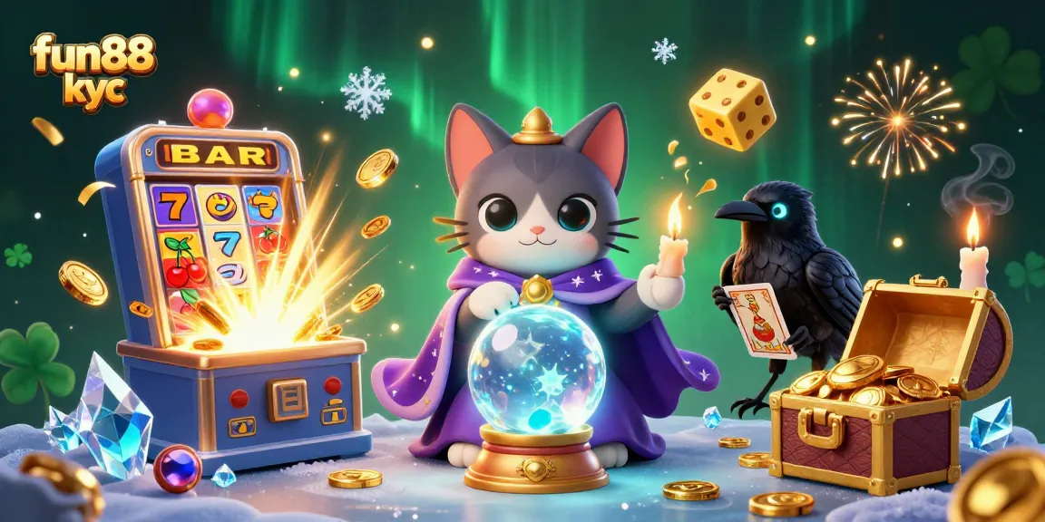 Cá cược tại Fun88 kyc với các biểu tượng sòng bài, máy đánh bạc và ánh sáng lung linh.