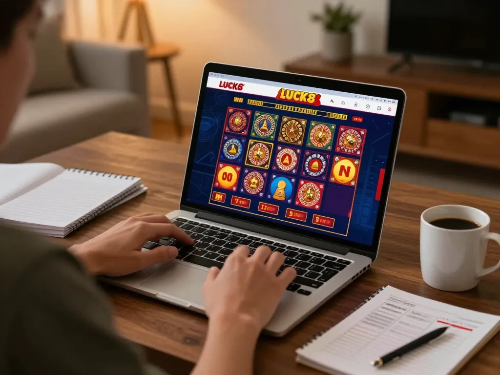 LUCK8 player using laptop for online casino gaming, showcasing vibrant game graphics and strategic insights
