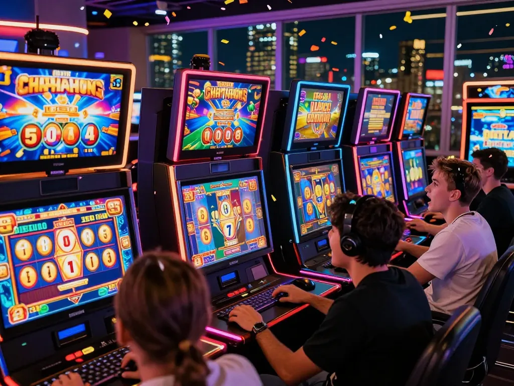 Players enjoying slot gacor games on various devices in a vibrant gaming environment, showcasing excitement and energy.