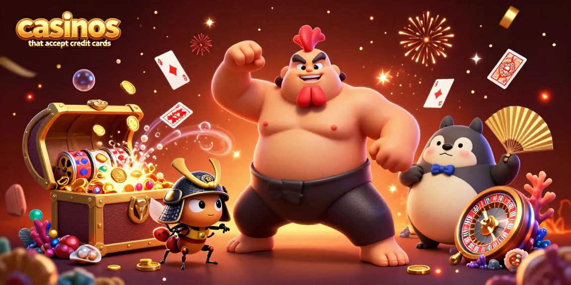 Engaging scene of casinos that accept credit cards featuring a sumo wrestler rooster and samurai cricket