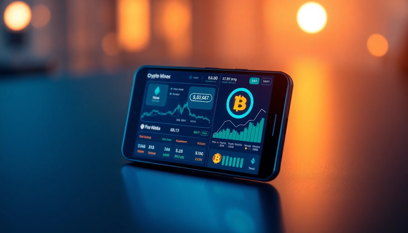 Crypto mining app interface showcasing live statistics and vibrant cryptocurrency graphics.