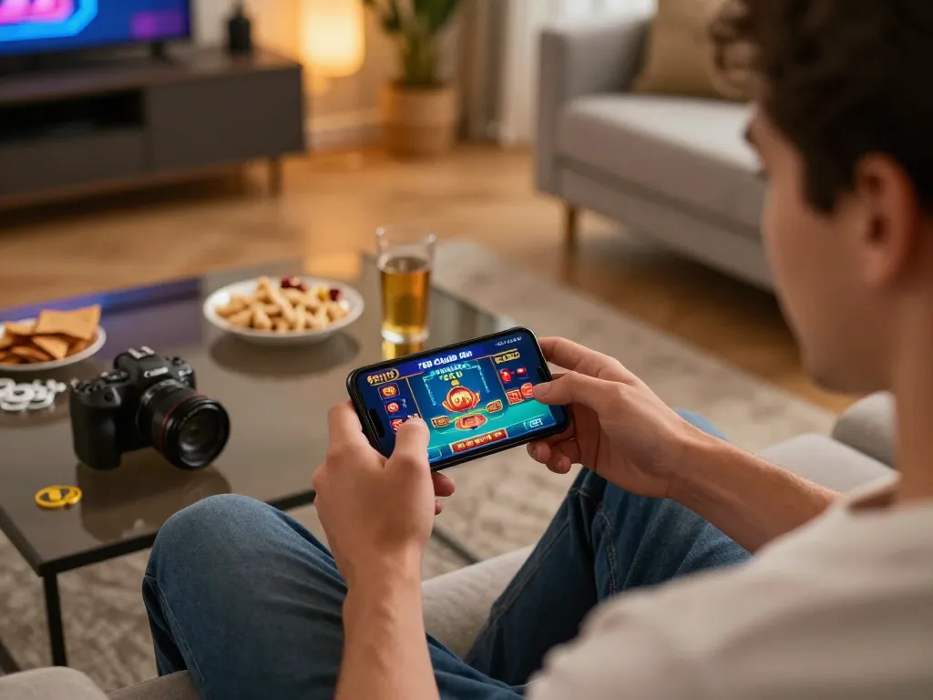 Engaged player enjoying the 789 club app on smartphone in cozy home setting.