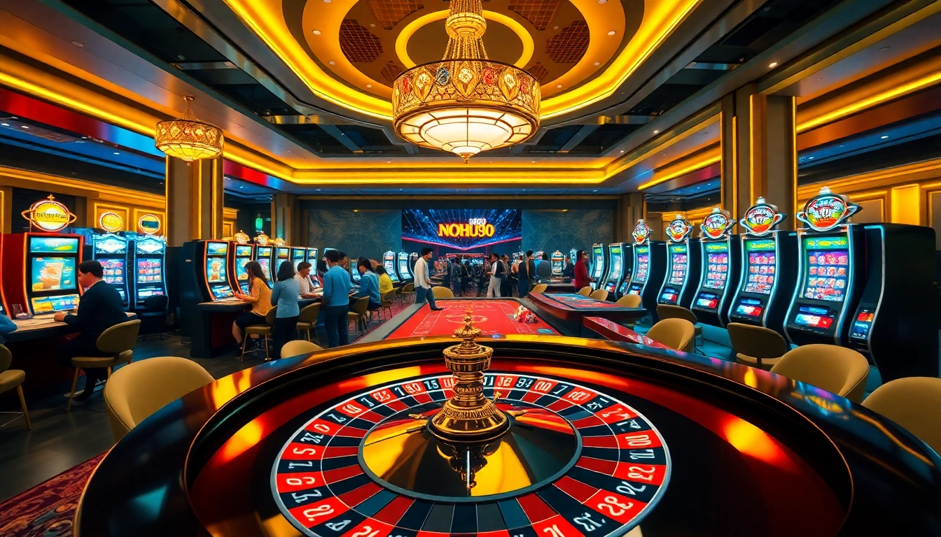 Experience thrilling games at NOHU90, featuring an exciting roulette wheel and vibrant slot machines.