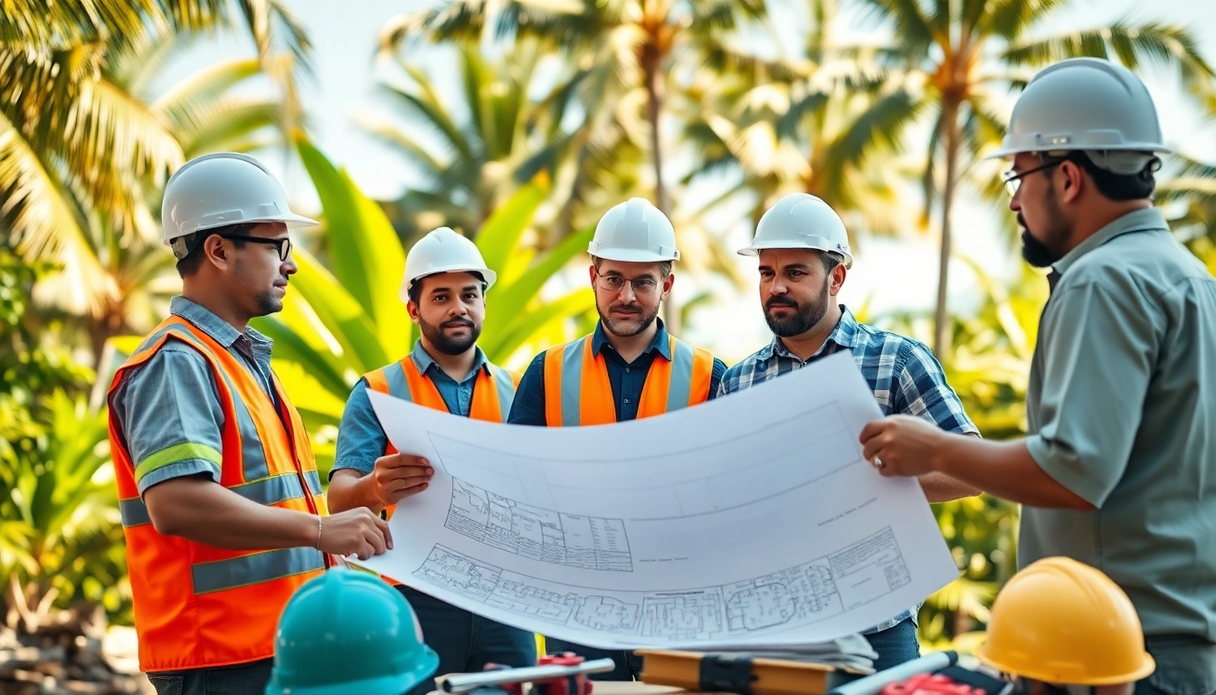 Hawaii construction news updates featuring construction workers collaborating on plans.