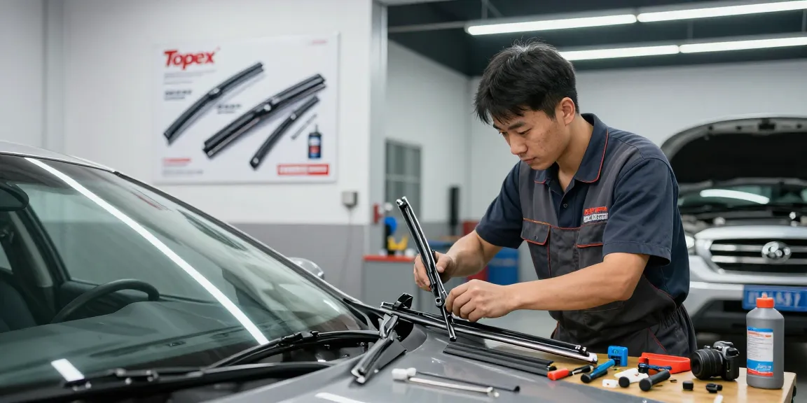 Mechanic installing a high-quality wiper blade in a professional garage