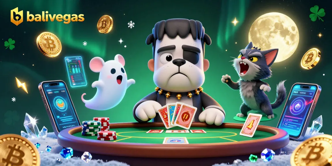 balivegas gaming scene featuring a Frankenstein bulldog, ghost mouse, and werewolf kitten at a vibrant poker table