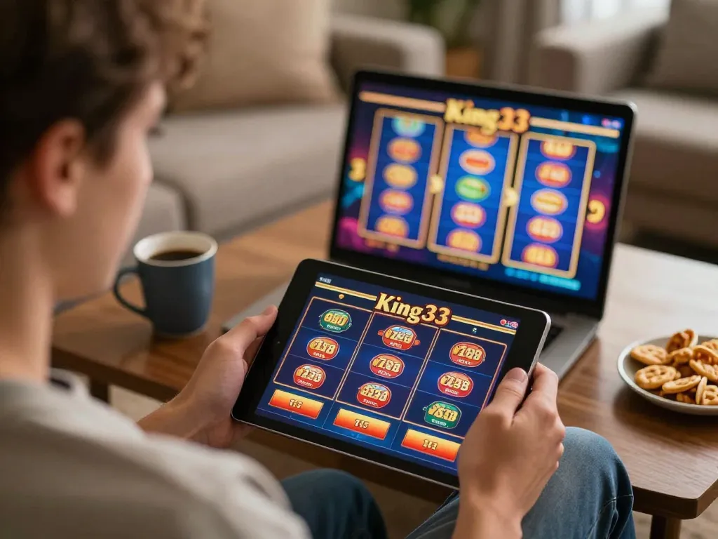 Engaging with King33 online casino games on a tablet while seated comfortably.