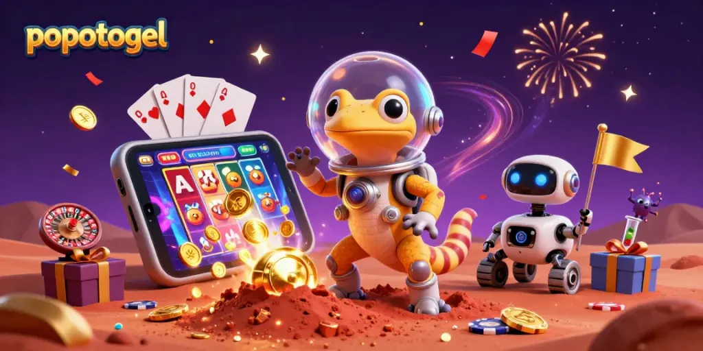 menangkan permainan popotogel dengan karakter kartun gecko Mars dan elemen kasino berkilau