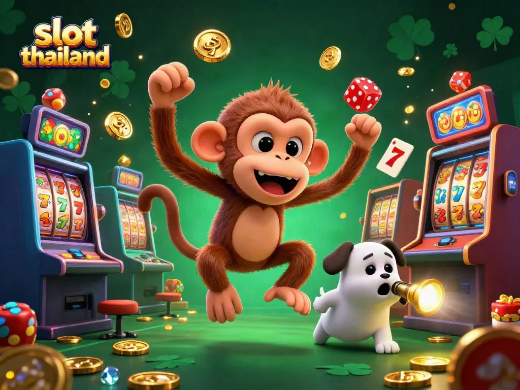 Engage in slot thailand adventures with a playful monkey and ghost-hunter puppy in a vibrant casino scene.