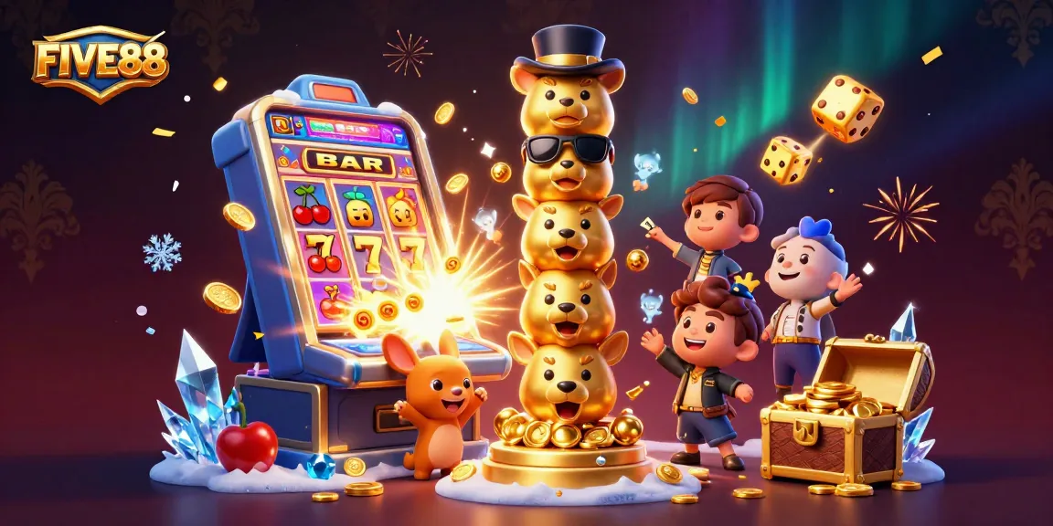 Experience the excitement of FIVE88 with a dynamic 3D casino scene featuring vibrant slot machines and enchanting characters.