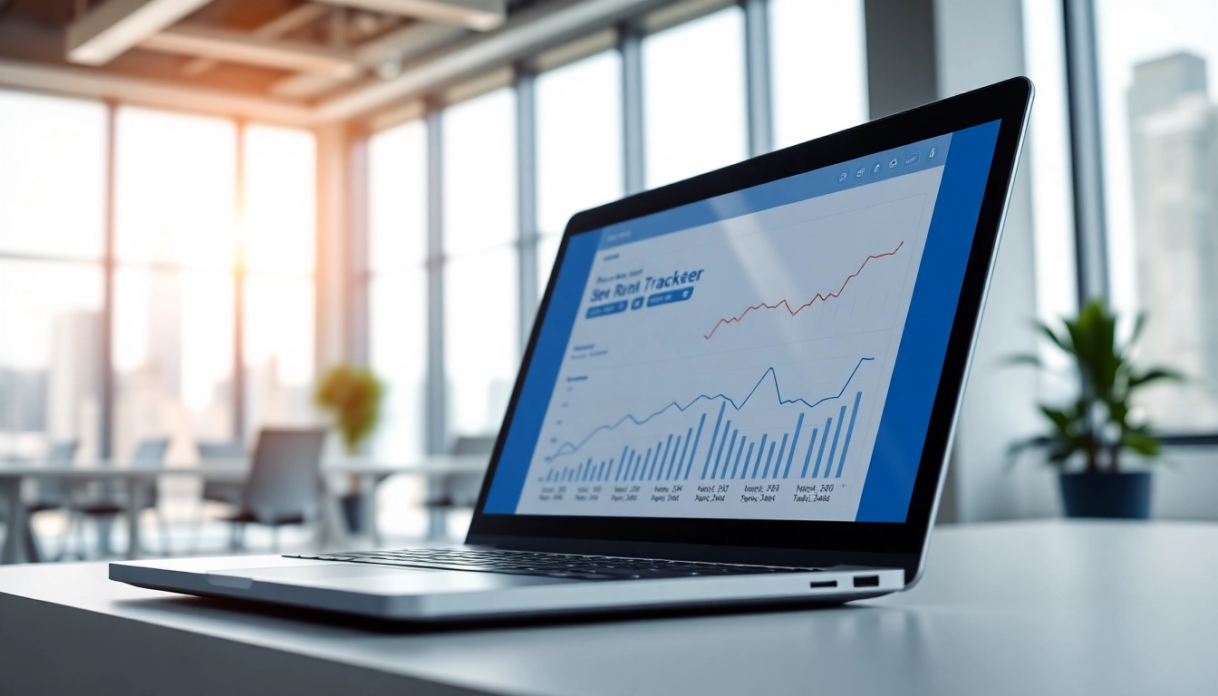 Engaging SEO Rank Tracker dashboard showcasing insights on a laptop screen in a modern office.