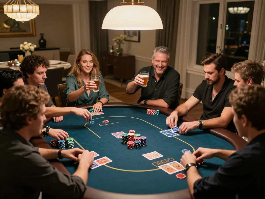 KKWIN players celebrating a win during an upscale home poker game night.