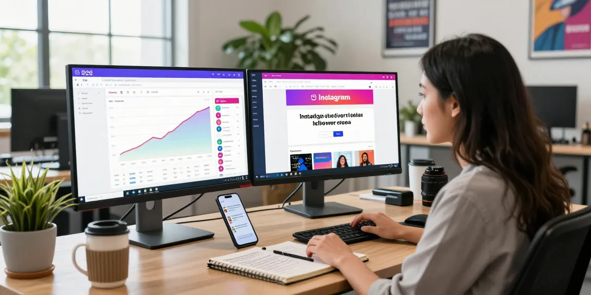 Influencer marketing workspace analyzing trusted Instagram follower service growth metrics with modern tech and analytics.