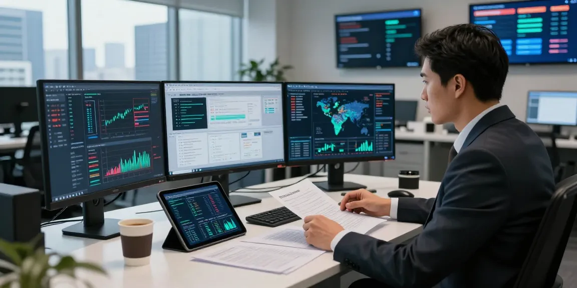 Dynamic financial crime intelligence analysis in a modern office, showcasing data investigations.