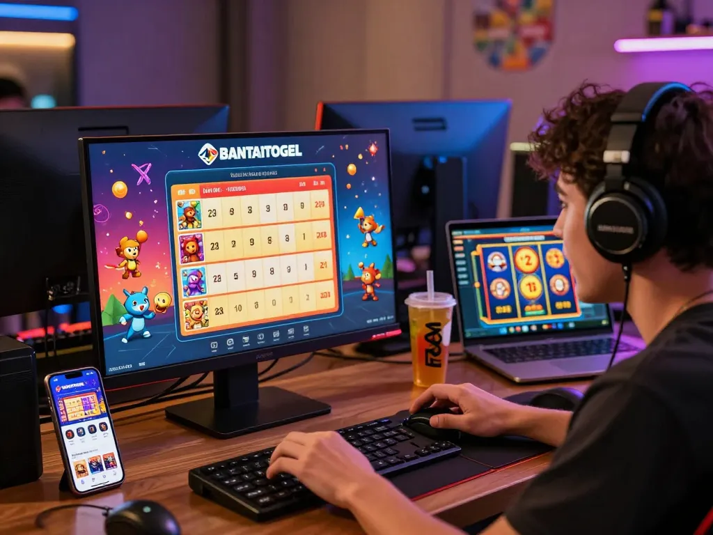 Exciting BANTAITOGEL online gaming setup with a player engaging in lottery and slot games, showcasing responsive design.