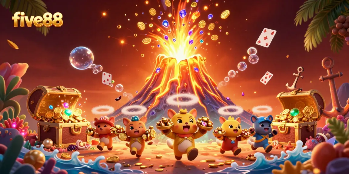 Join the fun at five88, featuring a cartoon volcano erupting treasure in a vibrant casino scene with immersive details.