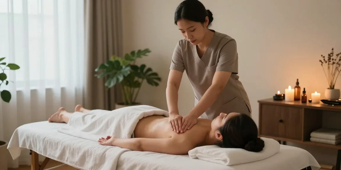 마사지 치료실에서 전문가가 고객에게 스웨디시 마사지를 제공하는 장면