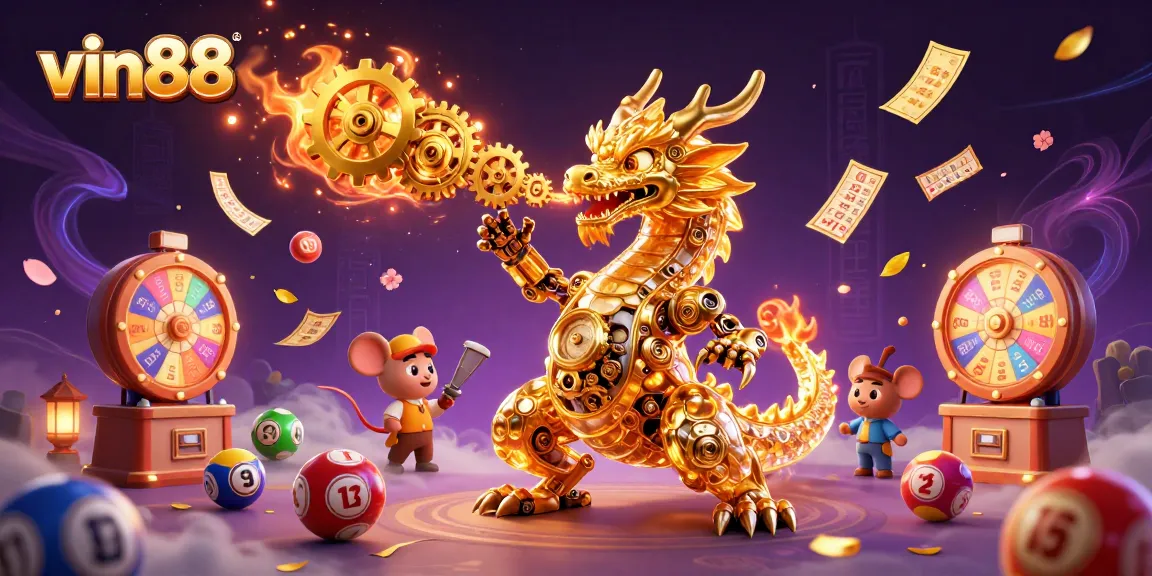 Spin the reels at vin88 with a golden dragon and colorful lottery elements for exciting wins.