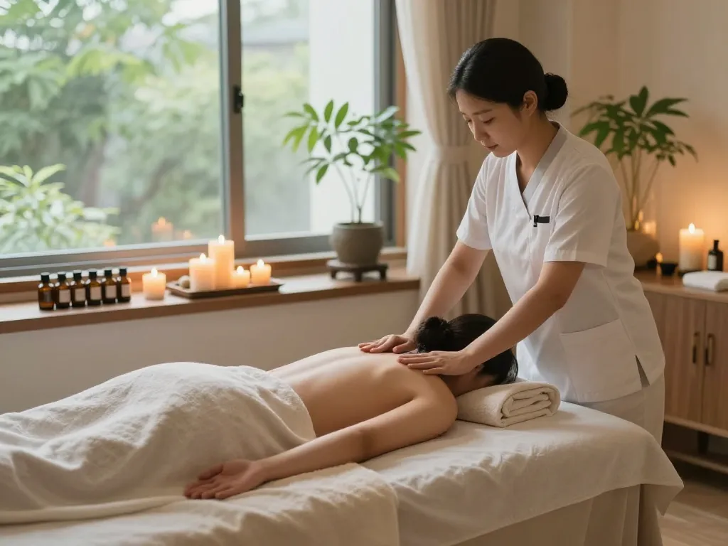 신사동마사지 session in a luxury spa setting with calming atmosphere and professional therapist.