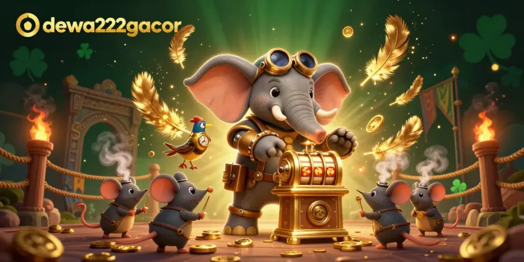 Engage with the dewa222gacor slot experience as a steampunk elephant spins the golden machine.