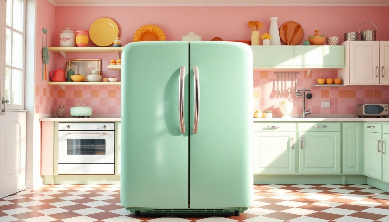 A vibrant retro appliance in a nostalgic kitchen setting, featuring a mint green refrigerator with chrome details.