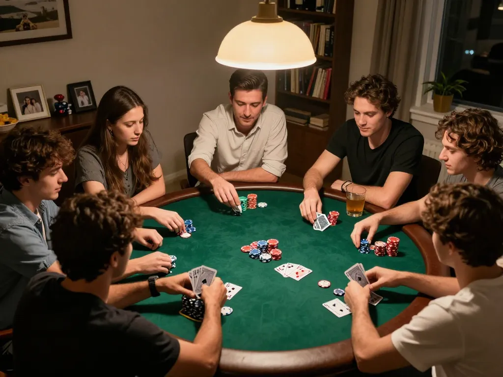 Friends engaged in a lively poker game at home, showcasing the entertainment experience of 8k8.fan.