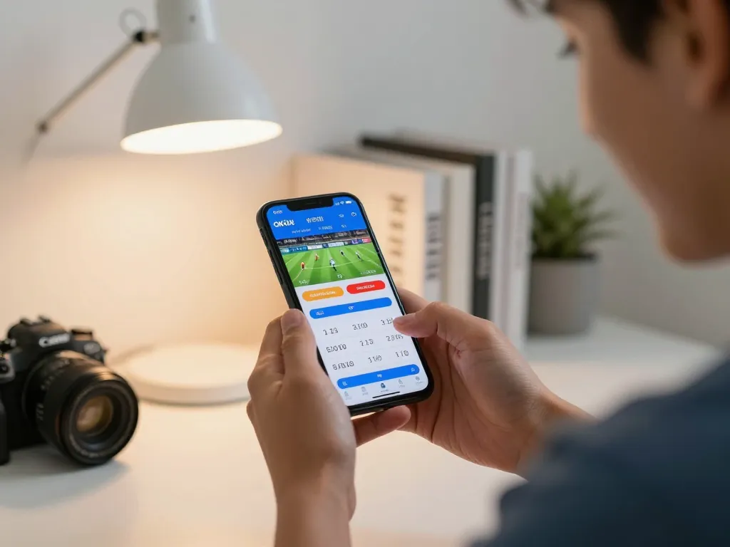 Person engaging with OKFUN betting app for live sports wagering, showcasing dynamic action and strategy