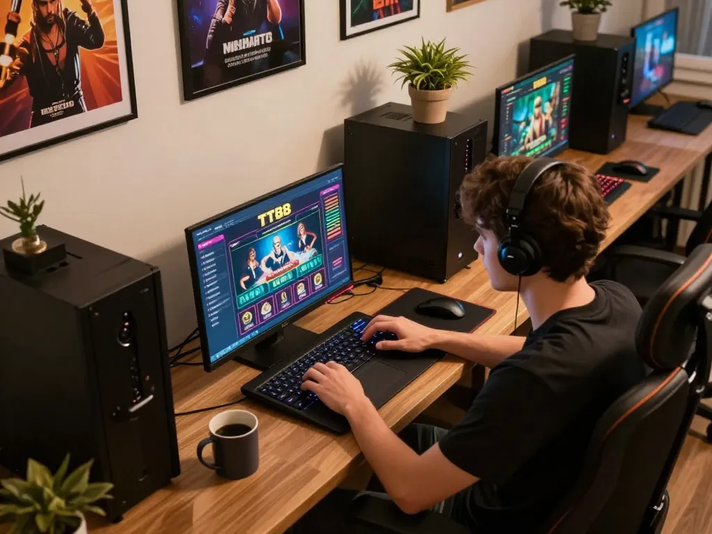 Player engaging with the TT88 casino interface on a sleek laptop in a modern home office.