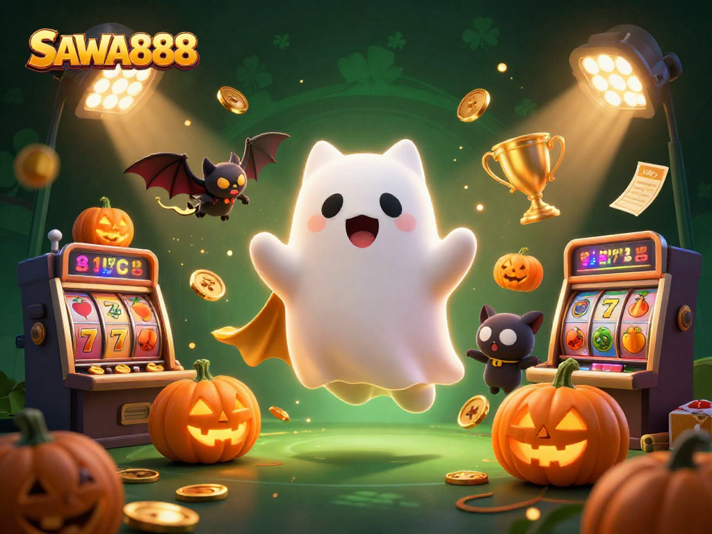 SAWA888 brings excitement with a ghost cat and vampire bat floating through a lively casino scene.