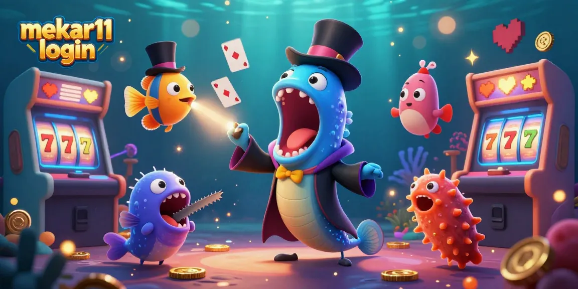 Mekar11 login shows a gulper eel magician performing casino card tricks with coins and games around it.
