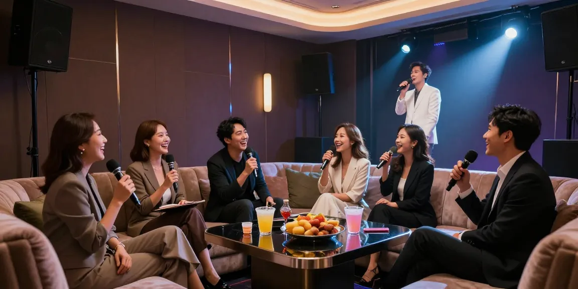 강남 가라오케 프리미엄 룸에서 즐거운 노래 모임을 하는 모습