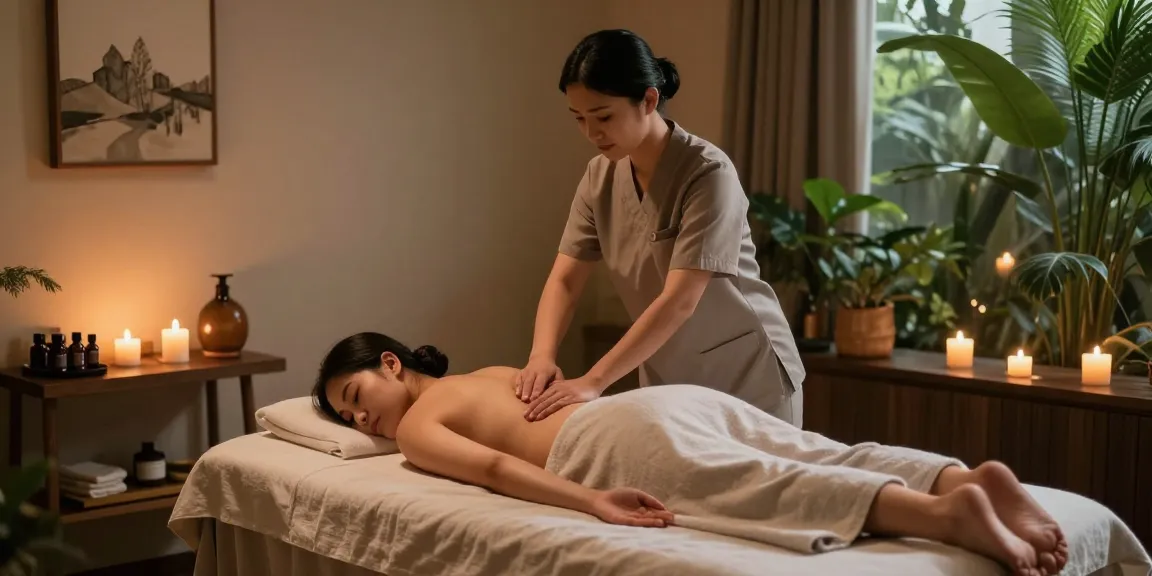 마사지 치료를 받는 고객과 치료사가 있는 편안한 스파 환경