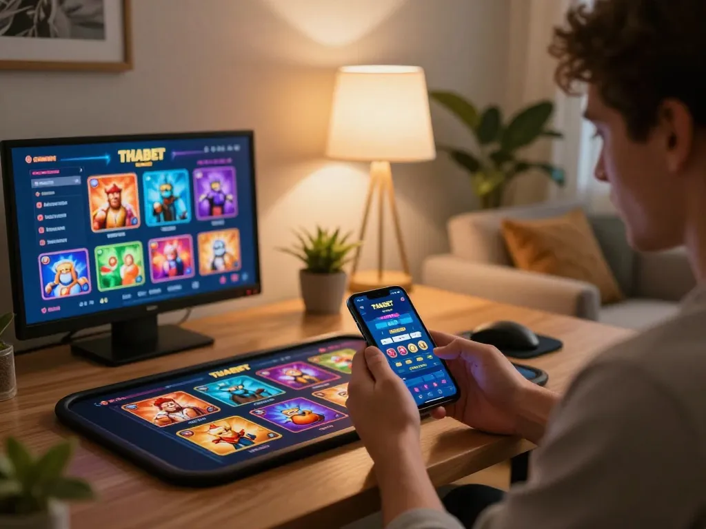 Player engaging in gambling with THABET app on smartphone in a cozy home setting