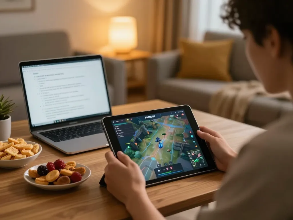 Player engaging with FAFA828 online casino game on tablet in a cozy home setting