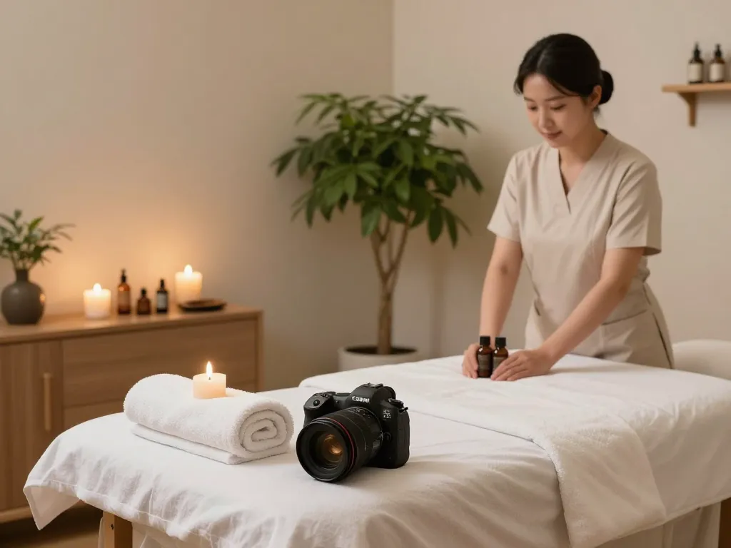 Relaxation space for 역삼동마사지 service with massage table, candles, and calming decor.