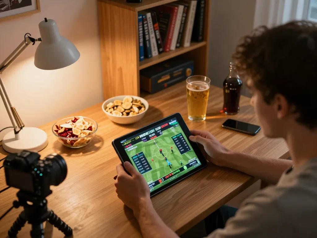 8xbet player enjoying a live sports betting session on tablet, showcasing engaging gaming action and cozy atmosphere.